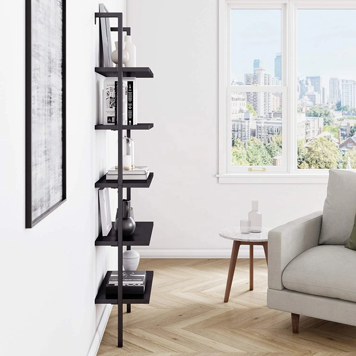 5 Tier Black Modern Bookcase Open Wall Mount Ladder Bookshelf with Industrial Metal Frame