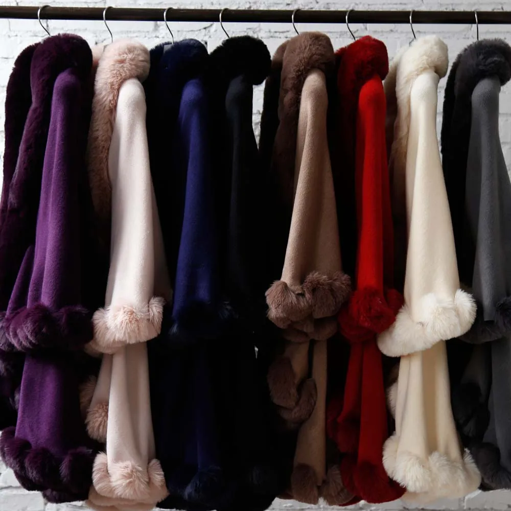 Top Quality Women Winter Wool Blended Cape Shawls With Faux Fur Trim