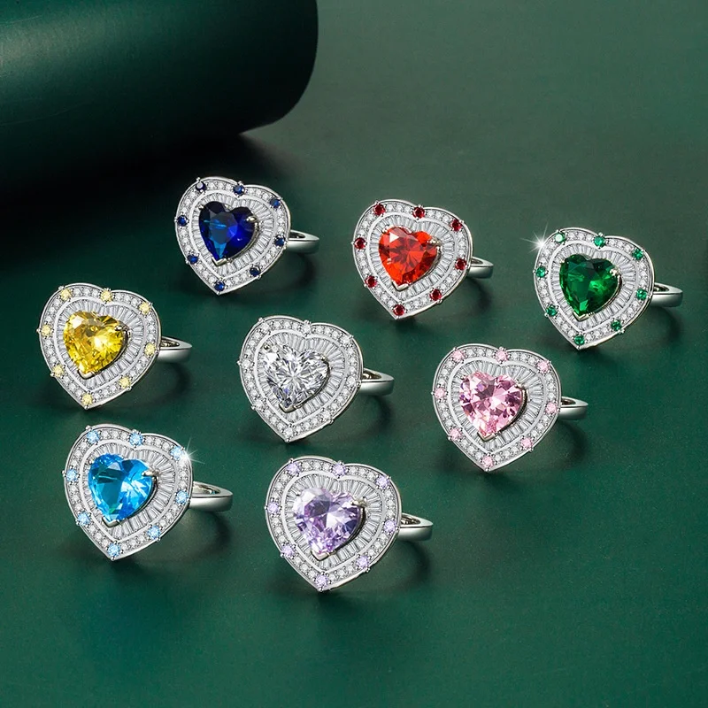 Fashion New Sapphire Ruby Heart-shaped Ring Heart-shaped Ring Open Adjustment Female Engagement Ring Versatile Romantic Gift