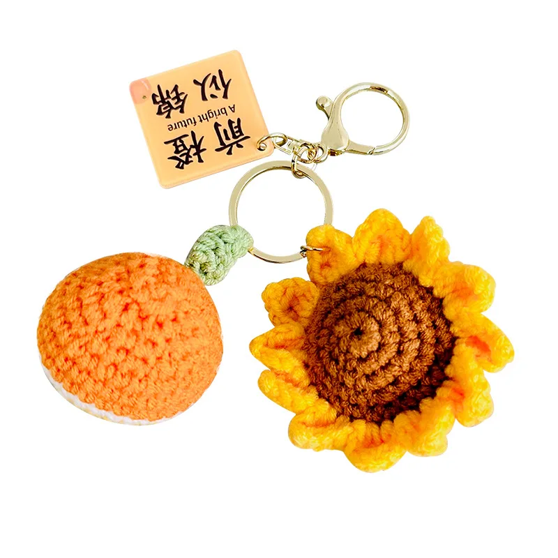 Creative Hand-Woven Plush Sunflower Pendant Keychain Keys Female DIY Crochet Fruit Persimmon Charm Keyring Bag Hanging Ornament