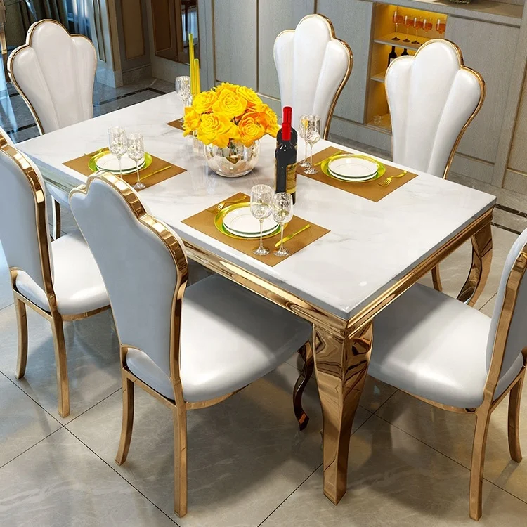 Marble Dining Table and Chair Combination Stainless Steel New Design Hot Sale European-style Gold Home Furniture Metal Carton