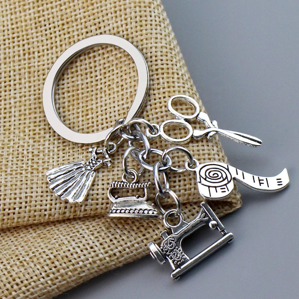 Hotsale DIY Jewelry Handmade sewing machine key chain Scissors Ruler Tailor Keyring Fashion Designer Small Tool metal Key chains