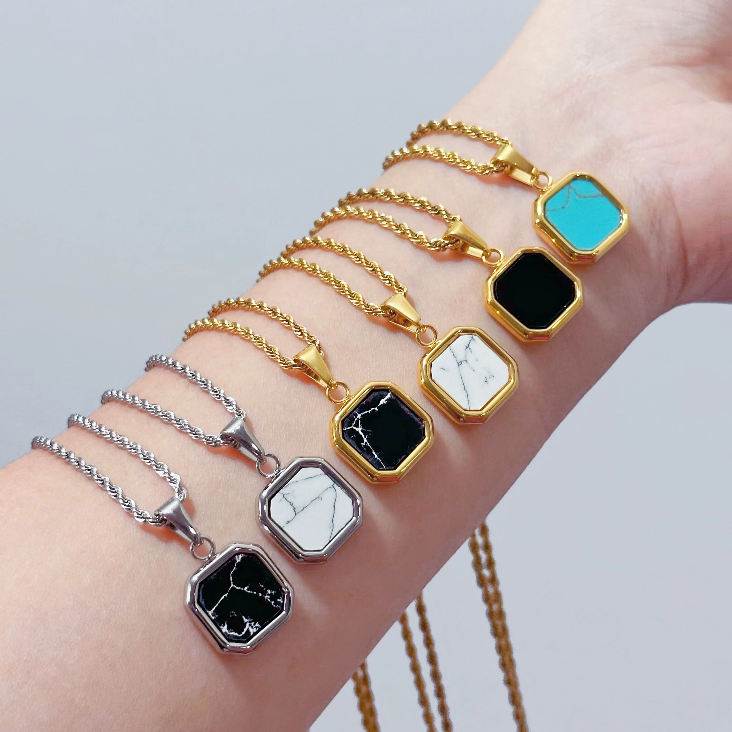 Vintage Square Shape Howlite Stone Pendant Necklace Gold Rope Chain Black Onyx Stone White Turquoise Jewelry Necklace For Men