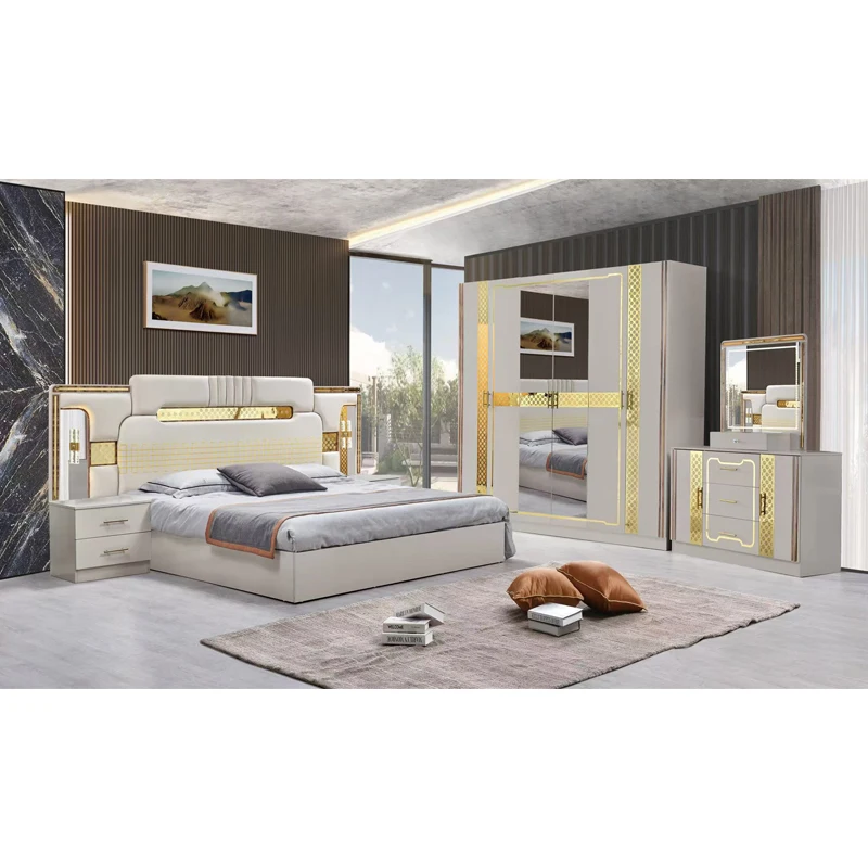 Meuble De Chambre a Coucher Complet 2023 Modern Design Wooden King Size Double Bed Luxury Full Bedroom Sets Furniture