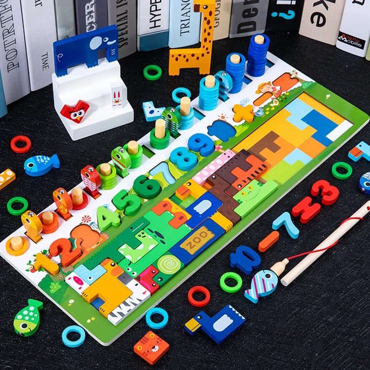 Educational Wooden Puzzle Games Digital shape matching board Logarithmic Board Game