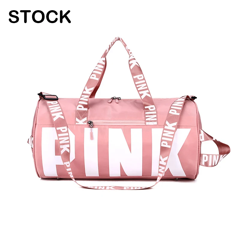 Custom Logo Pink Letter Printed Nylon Sports Travel Bag For Women