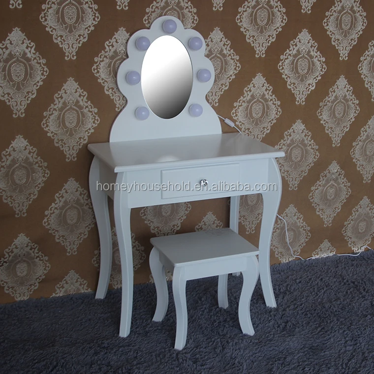 
Wooden Bedroom Furniture Makeup Vanity Desk LED Lighted Mirror Princess Dressing Table Set 