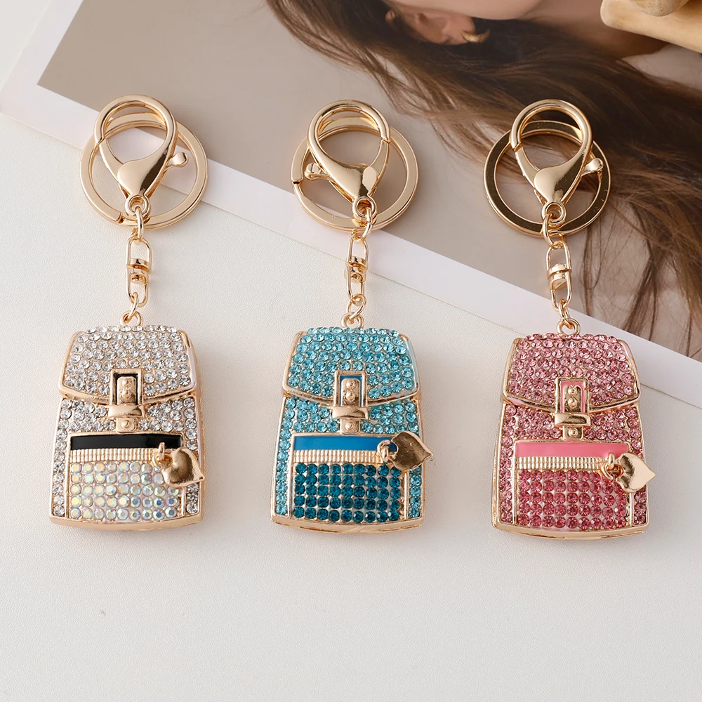 Creative Diamond Love Heart Backpack Charm Key Ring Rhinestone Bag Shaped Pendant Keychain For Couple