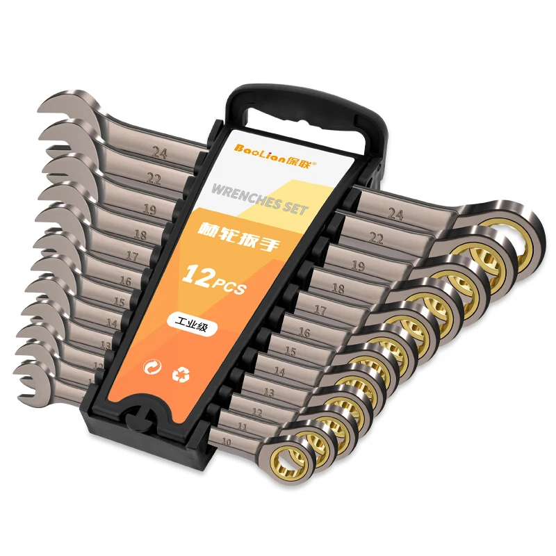 12Pcs 10-24mm Dual Purpose Ratchet Combination Wrench Set with Organizer Rack 72 Tooth Gear Double Use Car Repair Tool