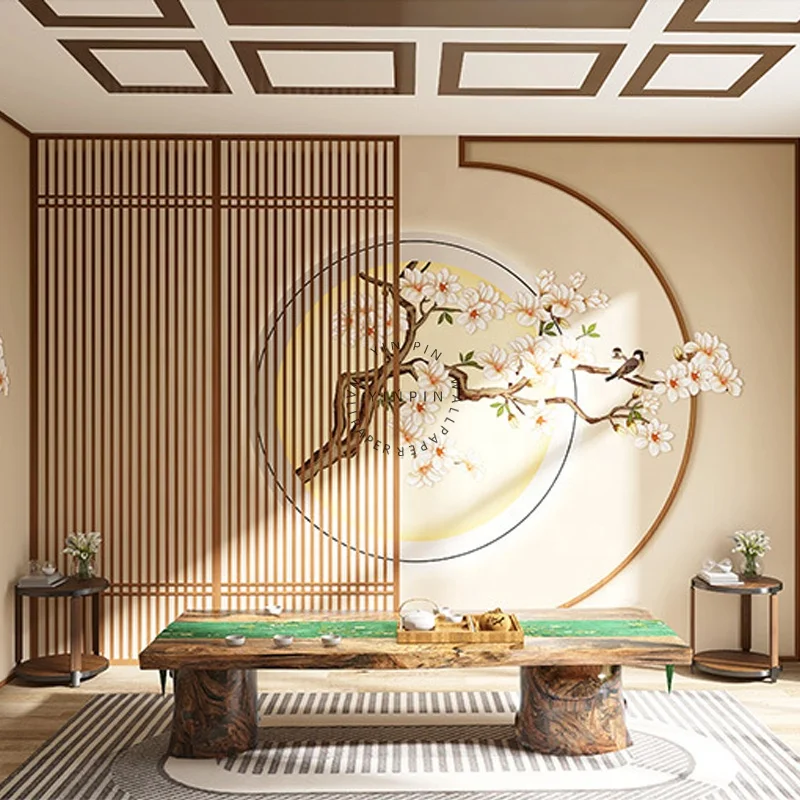 Chinese classical screen health yoga studio wallpaper Guzheng classroom tea room beauty salon ancient style mural