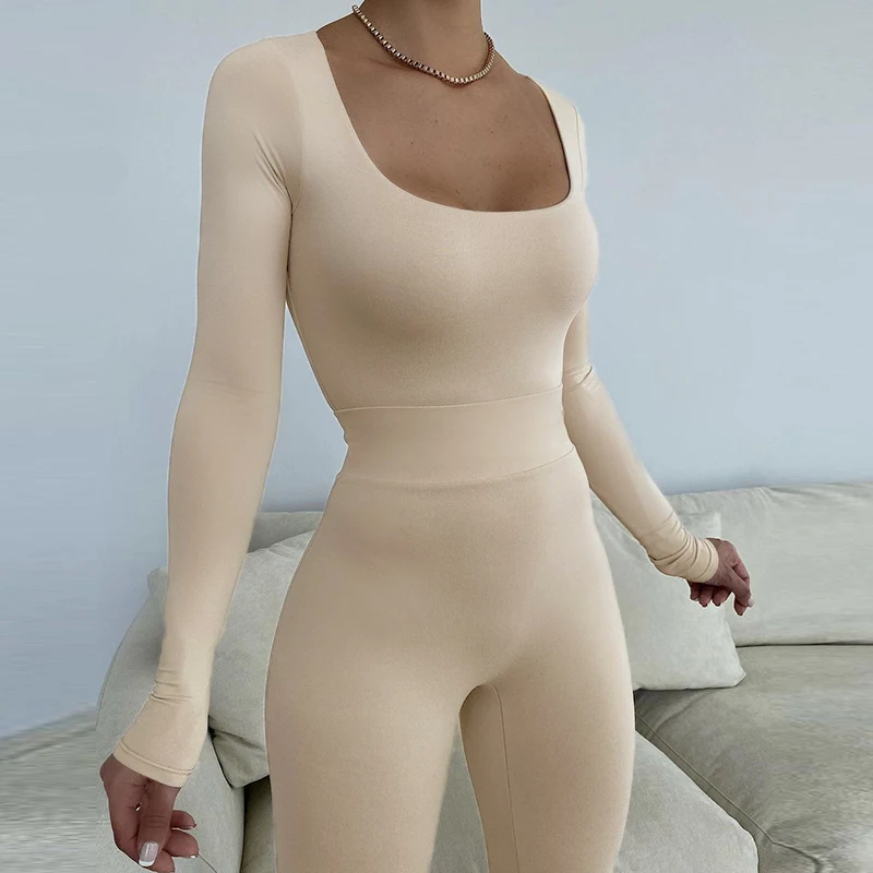 YIXIN bombluk/базовый спортивный костюм с длинным рукавом повседневный боди высокой талией Однотонный женский комплект из двух предметов со