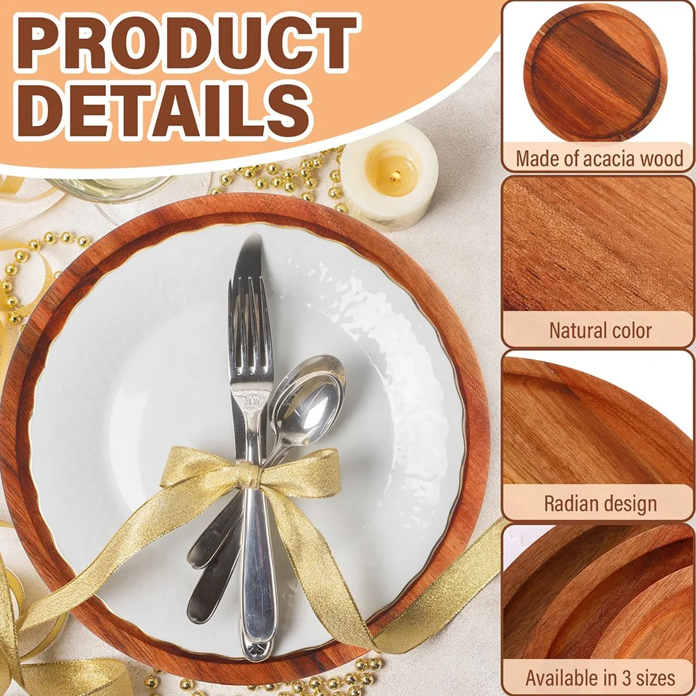 Luxury 6/8/10 inch wedding decorative dinner food serving dishes & plates round acacia wood charger plate wholesale wooden plate