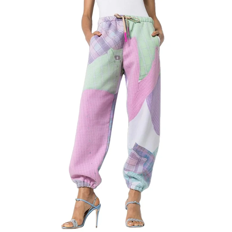 ONEINALL Mid Waist Lace Up Print Hit Color Loose Pockets Pants Female Fashion 2021