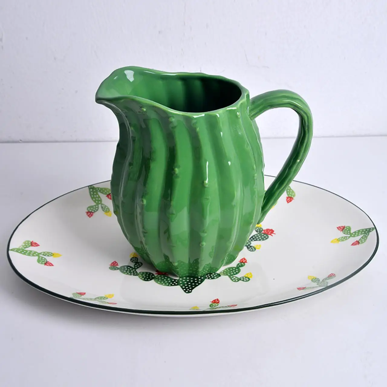 Wholesale cheap cactus pattern glazed ceramic candy sugar pot creamer pots with spoon