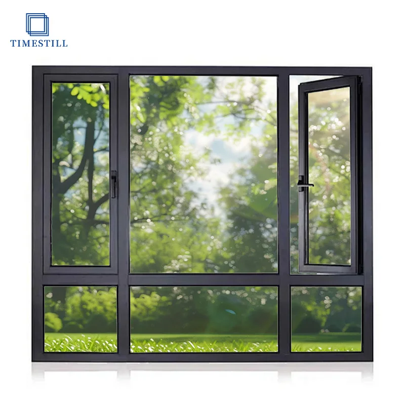 Aluminum casement window with mosquito net in black, insulating tempered glass, high thermal and acoustic insulation performance