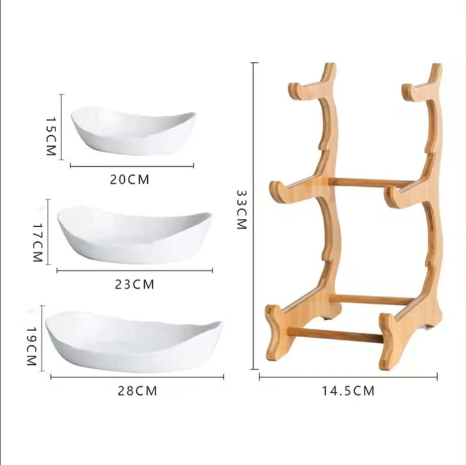 2024 Hot Selling Multi-Layered Ceramic Fruit Plate with Wood Rack for Kitchen OEM ODM Design Box Packed Storage Holders & Racks