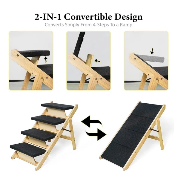 Wooden Dog Ramp with 4 Steps, Foldable Dog Stairs for High Beds Cars Couch, Durable