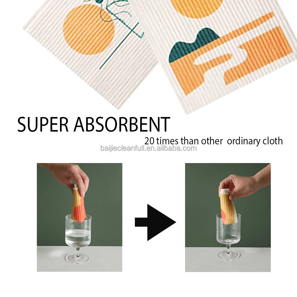 Absorbent  Swedish Dishcloths Cellulose Sponge Cleaning Cloth  No Odor Cleaning Wipes with 6 Printing Desgin Styles for Kitchen