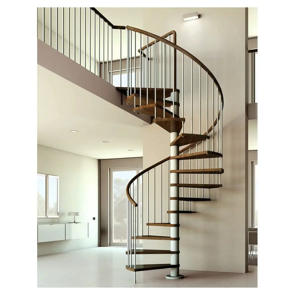 Prima Modern Spiral Staircase Wooden Stringer Treads Staircase With Glass Railing