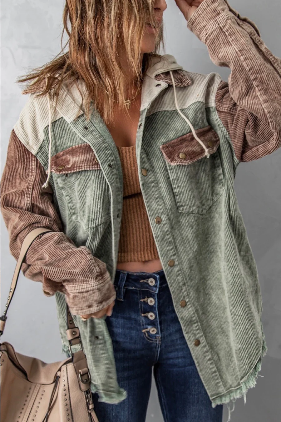 Wholesale Fall Corduroy Color Block Patchwork Open Button Winter Hoodies Jackets Women Pocket Shackets Boutique Clothing