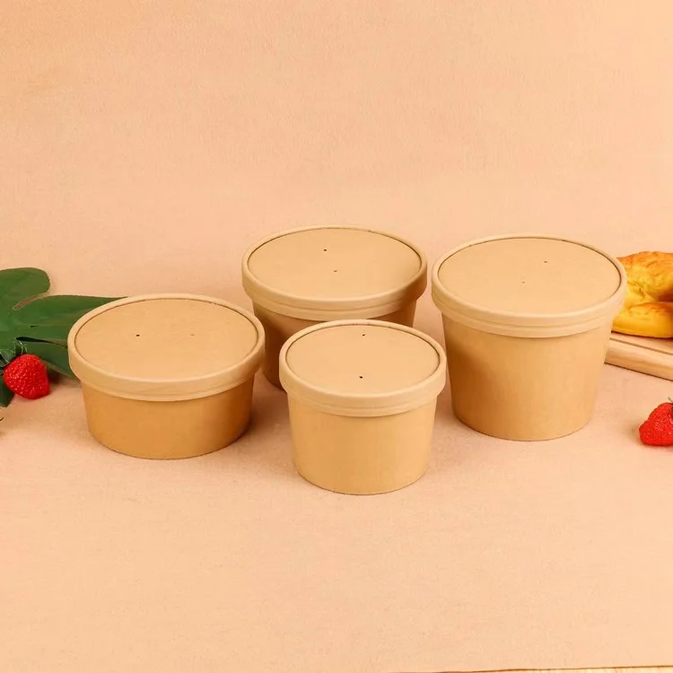 Eco Custom Logo Disposable Kraft Paper 16oz 26oz 32oz Noodle Soup Container With Lid