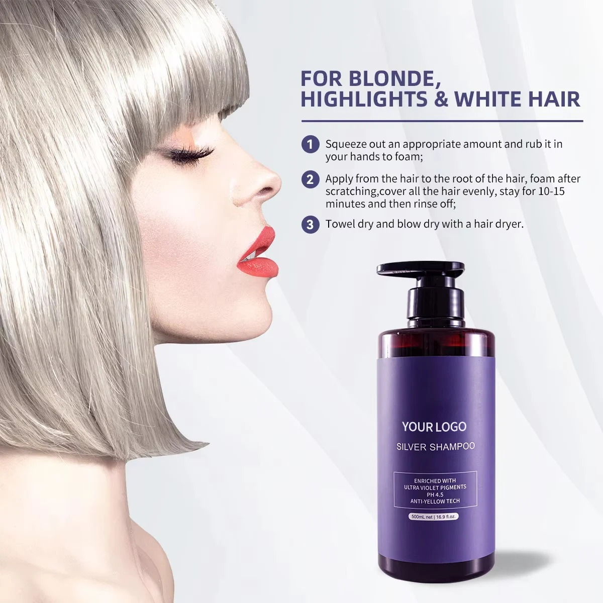 Private Label Salon Quality Blonde Hair Anti- Brassy Purple Toner No Yellow Shampoo Violet Silver Shampoo