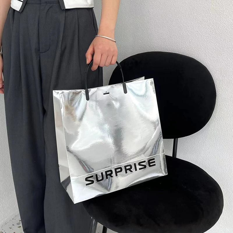 Personalized Custom Reflective Silver Art Cardboard Paper Bag with Debossed Silver Foil Logo Print