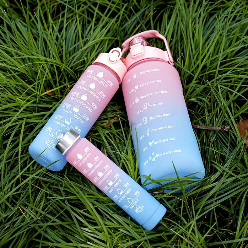 3 In 1 Set Portable Plastic Motivational Water Bottle 1 Liter Motivational 2000 ML Water Bottle Baby Pink