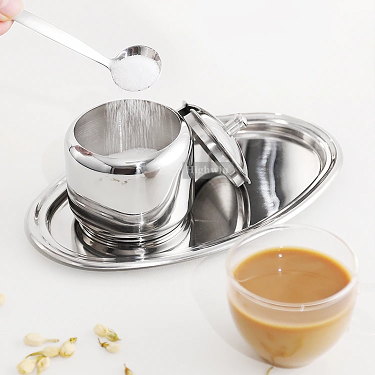 HIGHWIN New Arrival Sugar and Creamer Set Sugar Bowl with Lid and Spoon Stainless Steel Coffee Serving Set