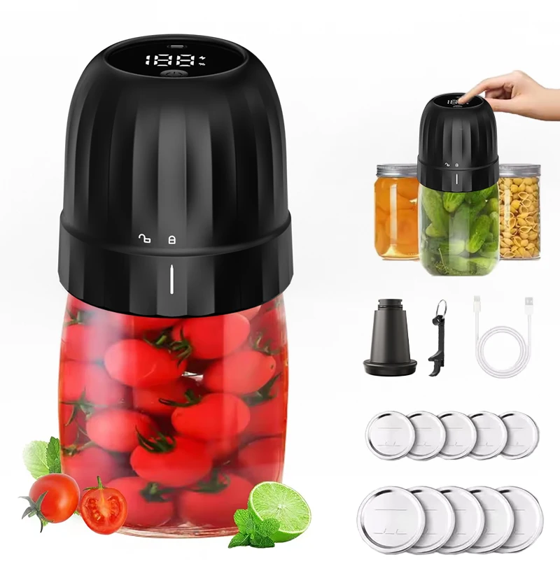 Wide Regular Mouth Electric Mason Jar Vacuum Sealer Kit portable Automatic Mason Can Sealing Machine with nozzle 10 Jar Lids