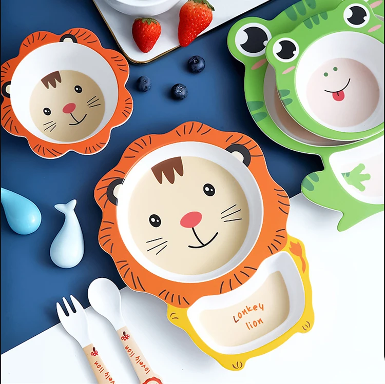 10 Design 5pcs/set Baby Tableware Cartoon Children Feeding Dishes Kids Bamboo Fiber Bowl Fork Cup Spoon Dinnerware Set