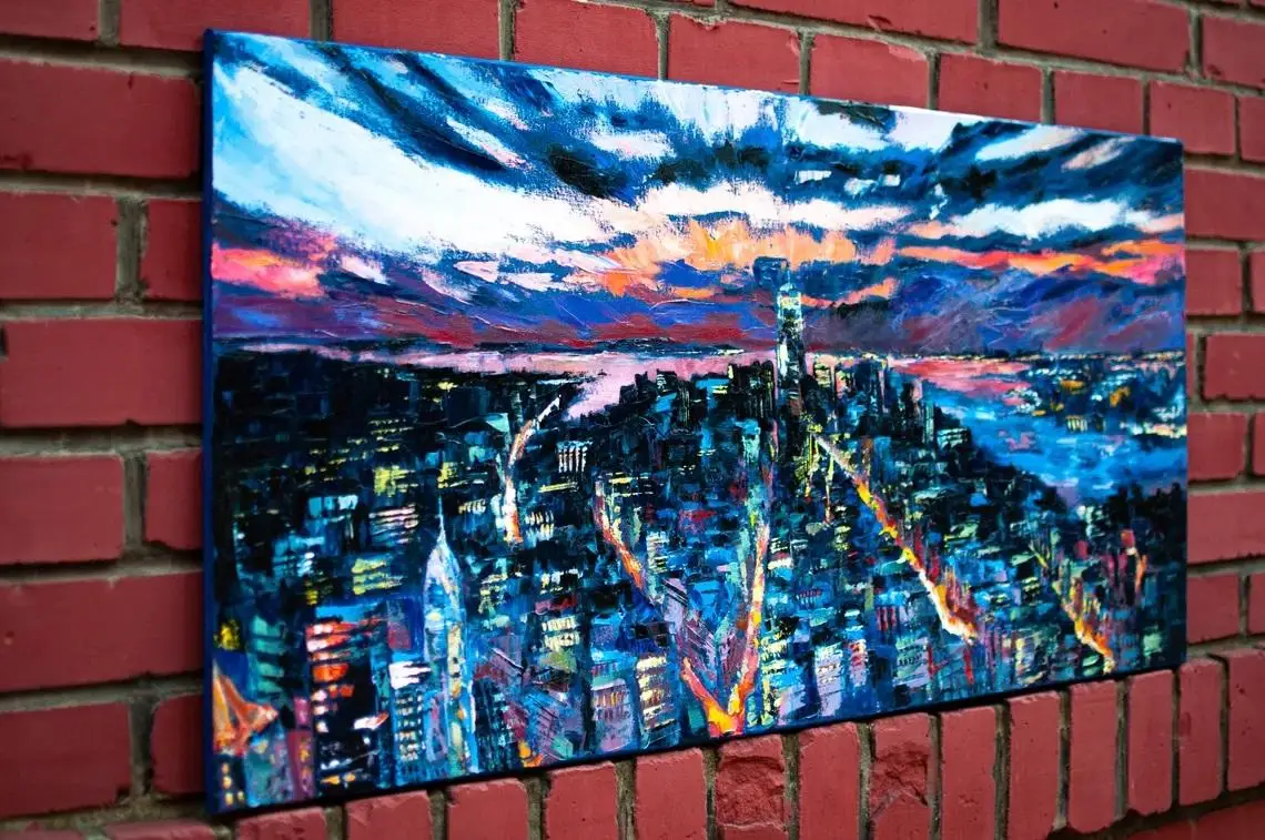 New York City Oil Painting Canvas Night Cityscape Lights Wall Art Urban Skyline Panoramic NYC Home Decor Handmade