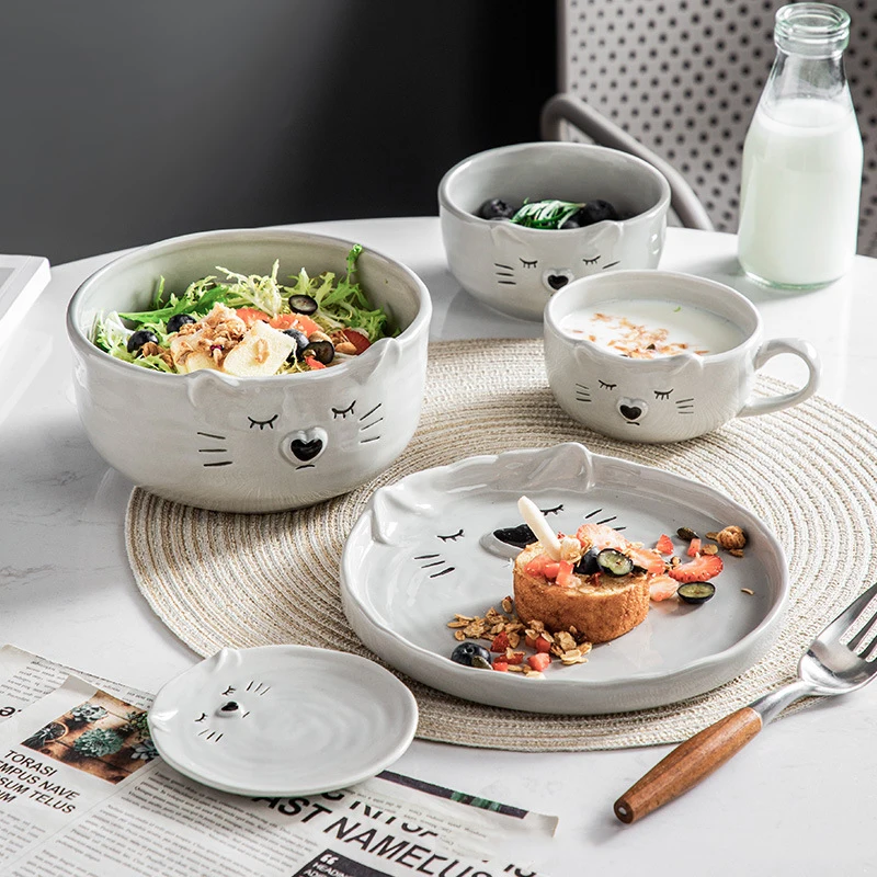 HCJ110 Korean cute dishes and kittens ceramic household tableware set Japanese creative cartoon ceramic dinnerware  set