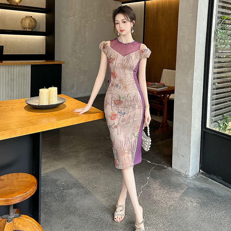 ZYHT 10707 Light Purple Off Shoulder Patchwork Floral Printed Short Sleeve Woman Dresses Elegant Street Summer Dress