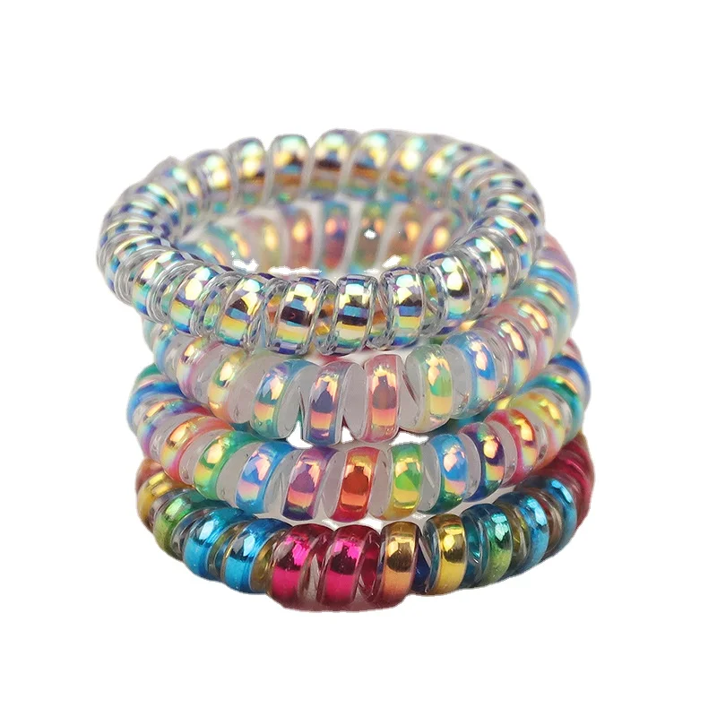 Iridescence Metallic Phone Cable Hair Band Leather Band Fashion Big Hand Ring Basic Hair Band for Women Young Girl Scrunchie