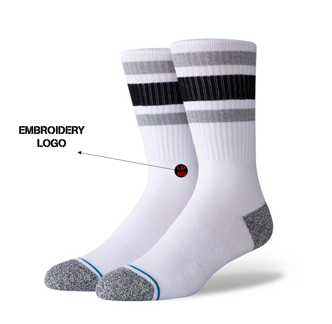 Personalized designer oem embroidery sport crew socks custom logo embroidered stripe socks wholesale