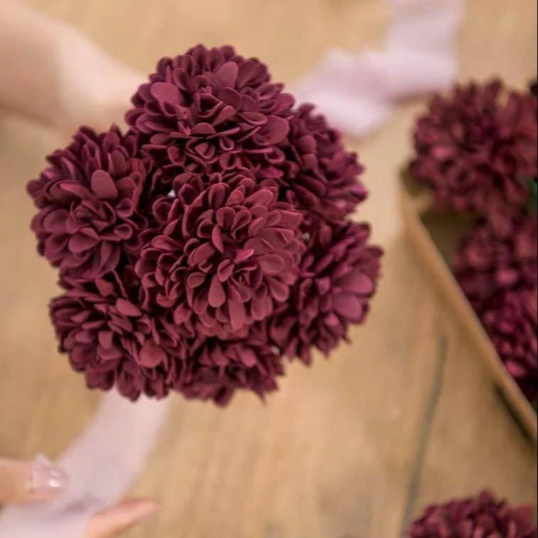 25pcs Real-Looking Artificial Flower burgundy Dahlia Daisy Flower with Stem for Wedding Bridal Shower Bride Bouquet Arrangement