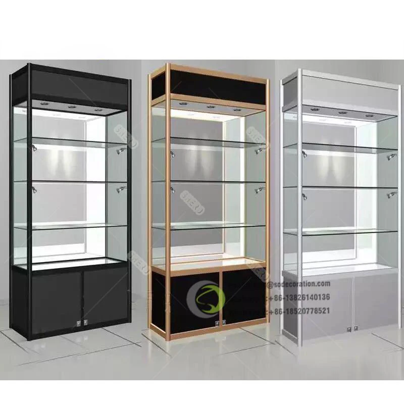 Commercial Showcase Tempered Glass Counter Led light wall Display Cabinets For Shops