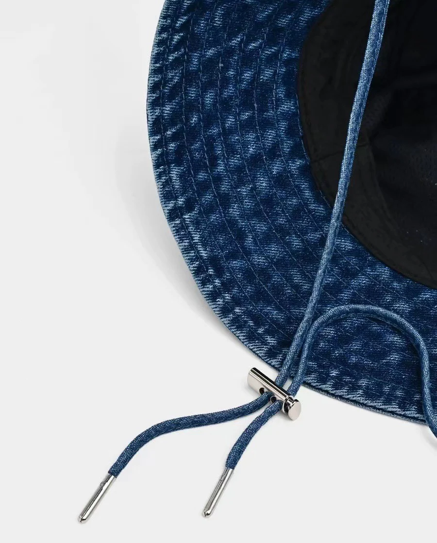 Packable Outdoor Travel Sun Hats Wide Brim Outlet Washed Cotton Blue Jeans Denim Bucket Hat with String