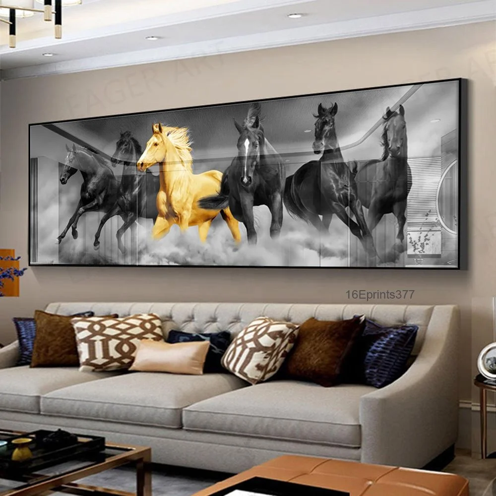Black White and Golden 6 Horse Painting Art Crystal Porcelain Printing Living Room Home Horizontal Decorative Animal Paintings