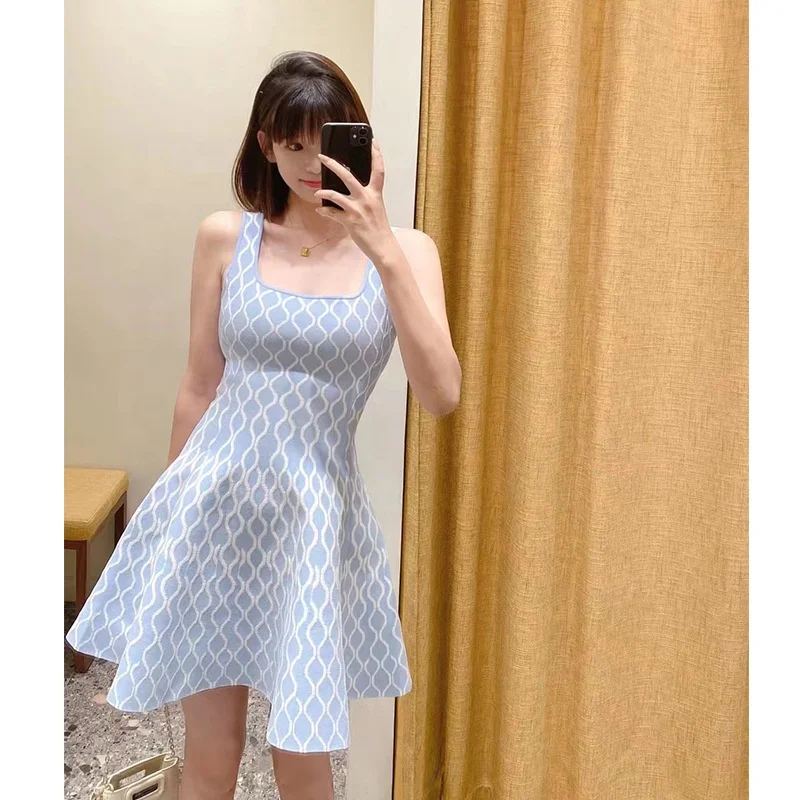 2024 High Quality Autumn New Women Blue French Fashion U-shaped Hemline Sleeveless Knit Dress