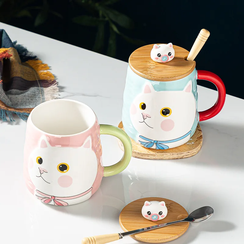 Cute cat ceramic mug with 3D cat wooden lid and spoon new design 500ml couple cartoon cats Milk Cup for women girls kids