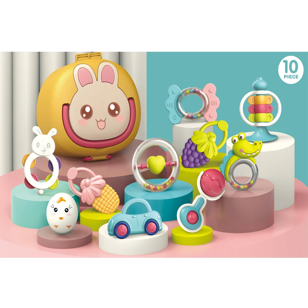 10pcs Food Grade Baby Toy Set Soft Baby Teethers Handbell Baby Rattles Washable Chewable Sensory Activity Toy