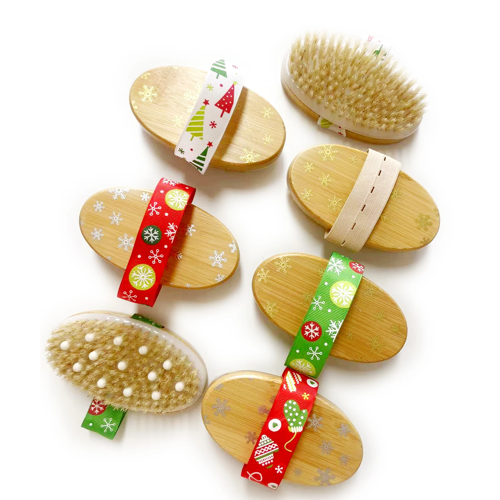 2022 Merry Christmas present gift Bath Shower Brush with wooden handle with natural bristle