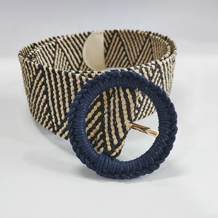 OEM Fashion PP Grass Woven Round Buckle Woven Braided Belt Waist Belts Women Ladies For Dress Accessories