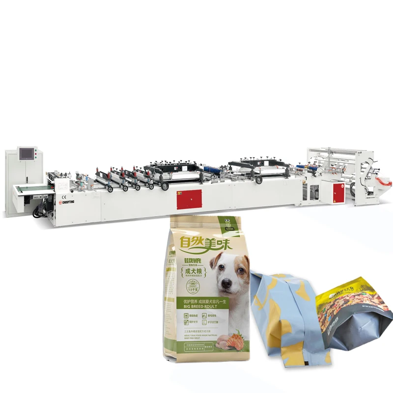 automatic laminated 4 side seal standing zipper doypack central T seal gusset bag pouch making machine for snack package