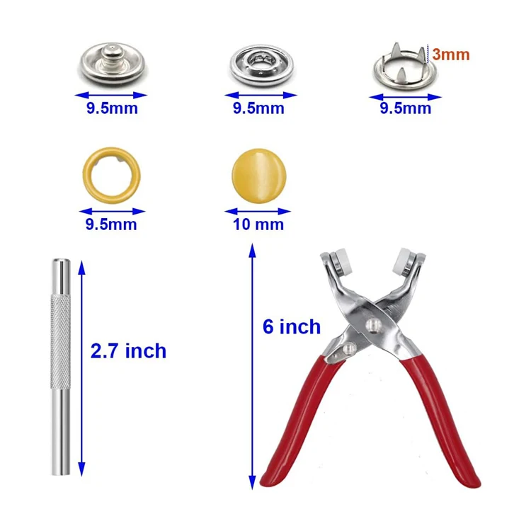 Hot selling 10 Colors 9.5mm Snap Fasteners Tool Kit Hollow and Solid Metal Prong Snaps Buttons Tools For Clothing