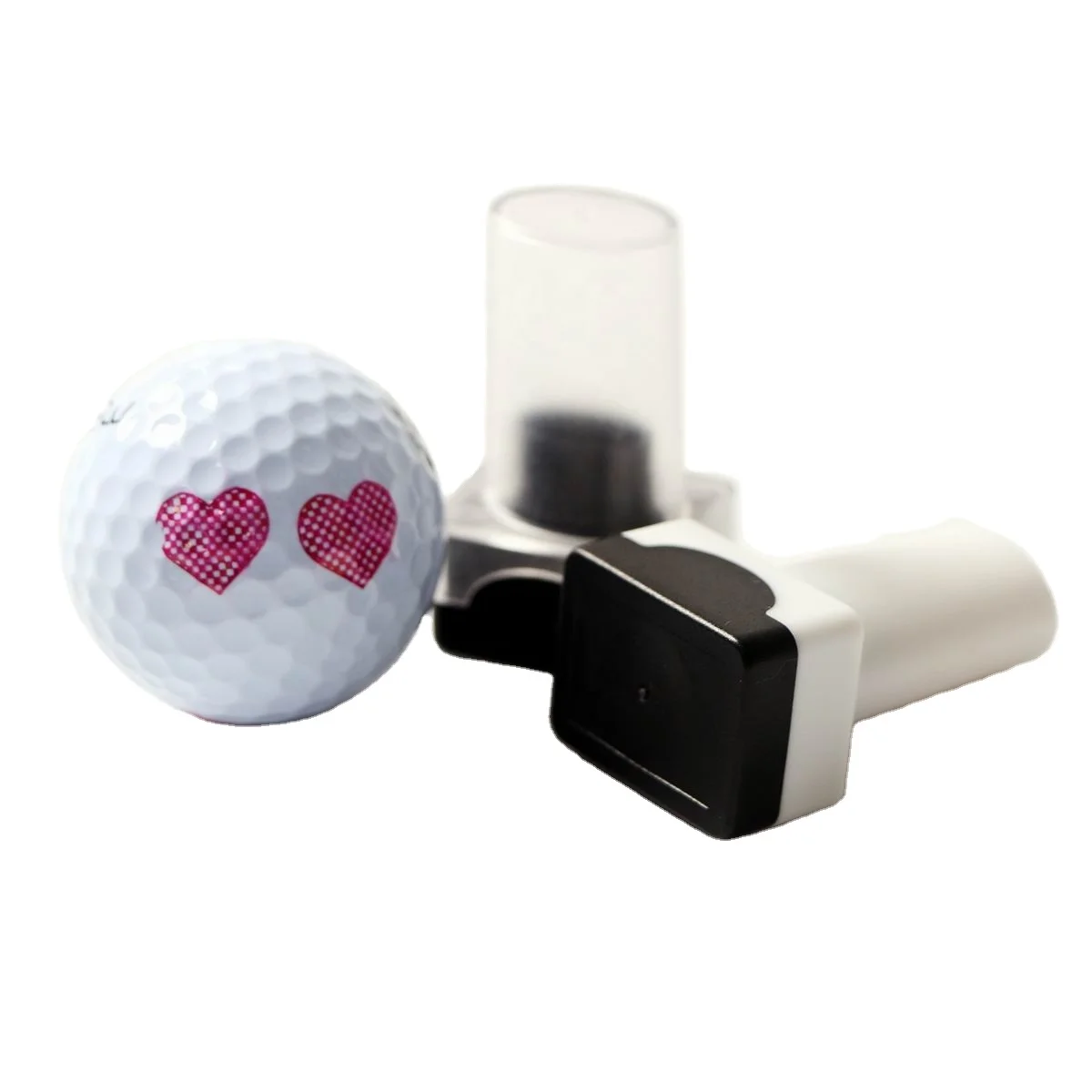 Custom logo golf ball stamper creating large personalized mark on golf balls