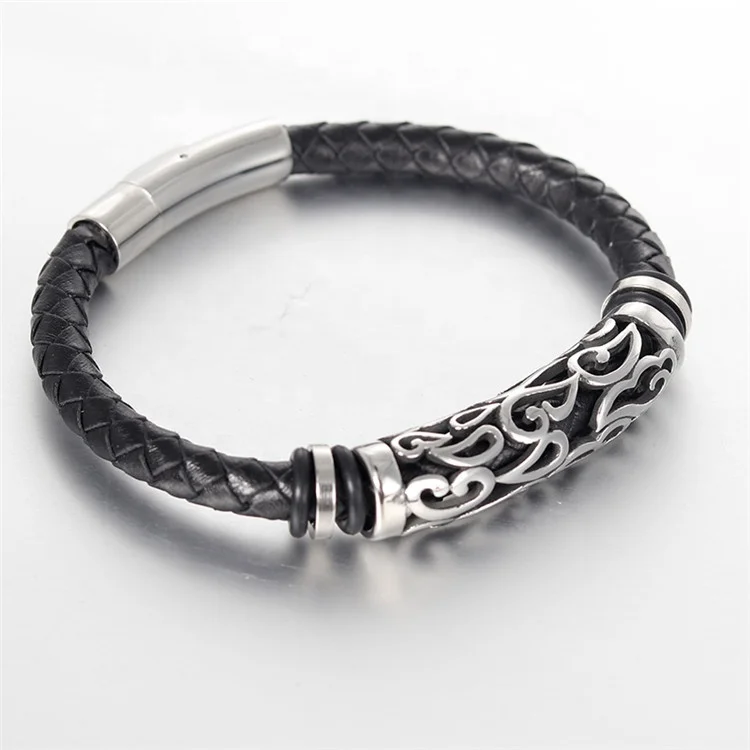 China Online Shopping Mens Stainless Steel Bead Charm Genuine Braided Luxury Leather Bracelet