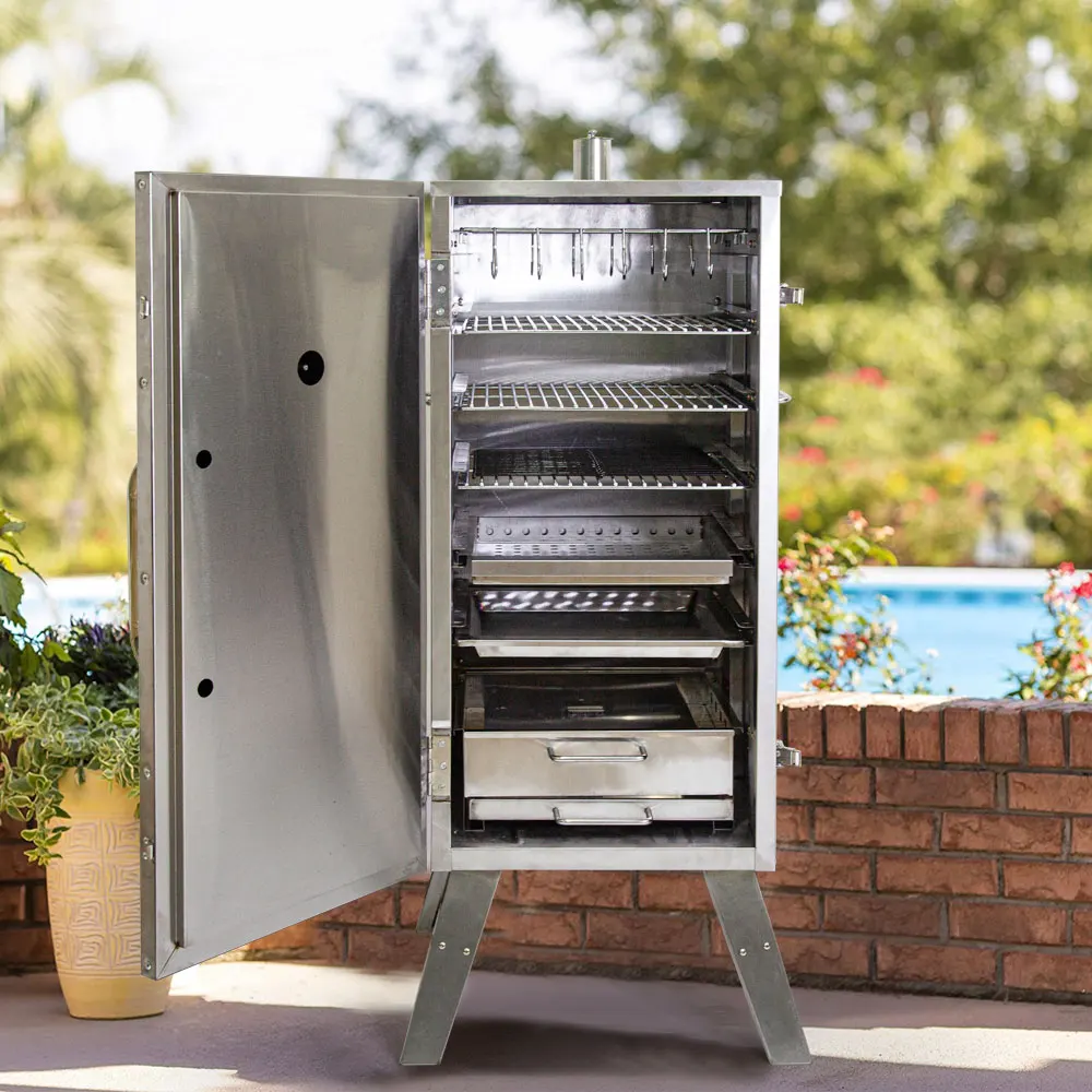 Vertical Propane Smoker with Temperature & Smoke Control and Four Removable Shelves